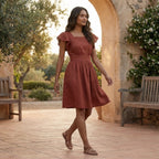 Brick Red Cotton Open-Back Fit and Flare Knee Length Dress