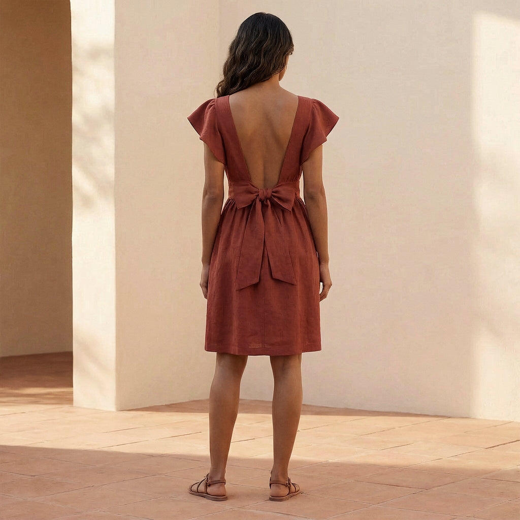 Brick Red Cotton Open-Back Fit and Flare Knee Length Dress