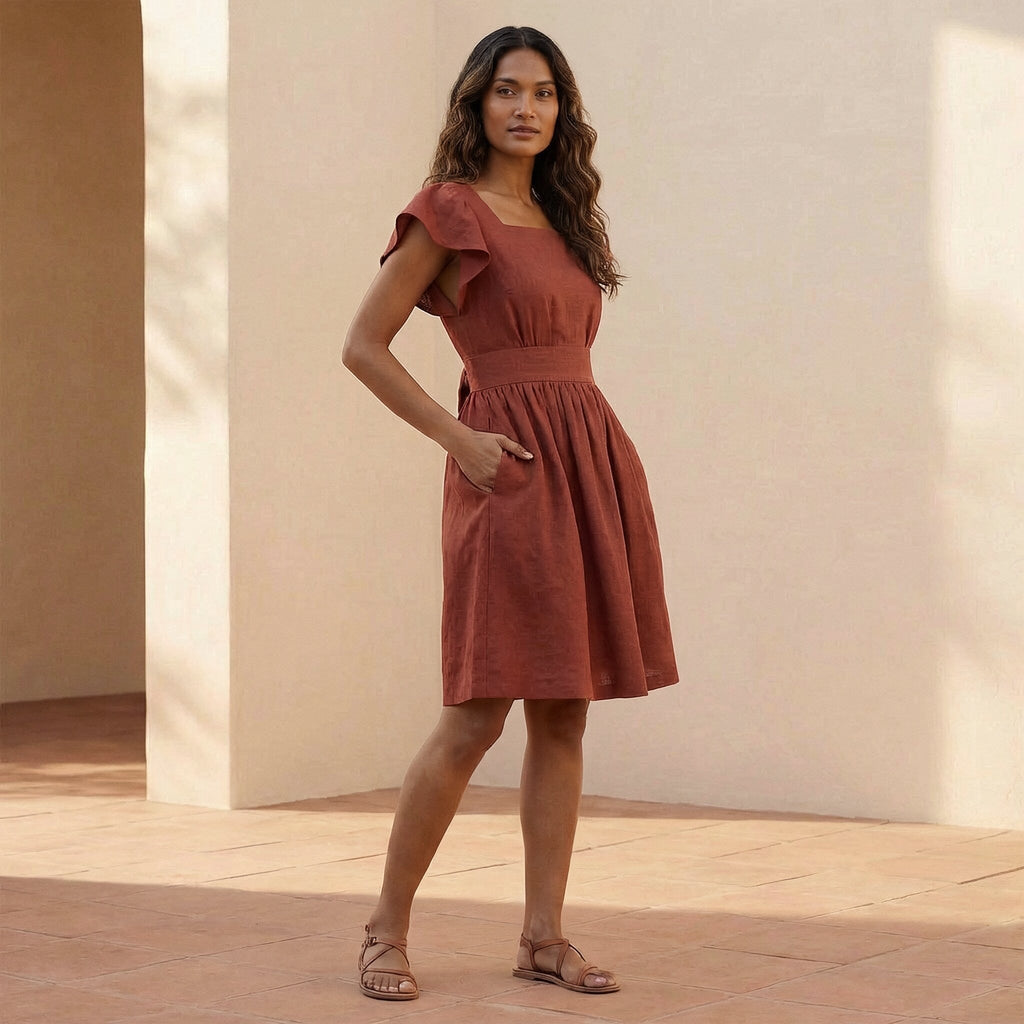 Brick Red Cotton Open-Back Fit and Flare Knee Length Dress