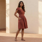 Brick Red Cotton Open-Back Fit and Flare Knee Length Dress