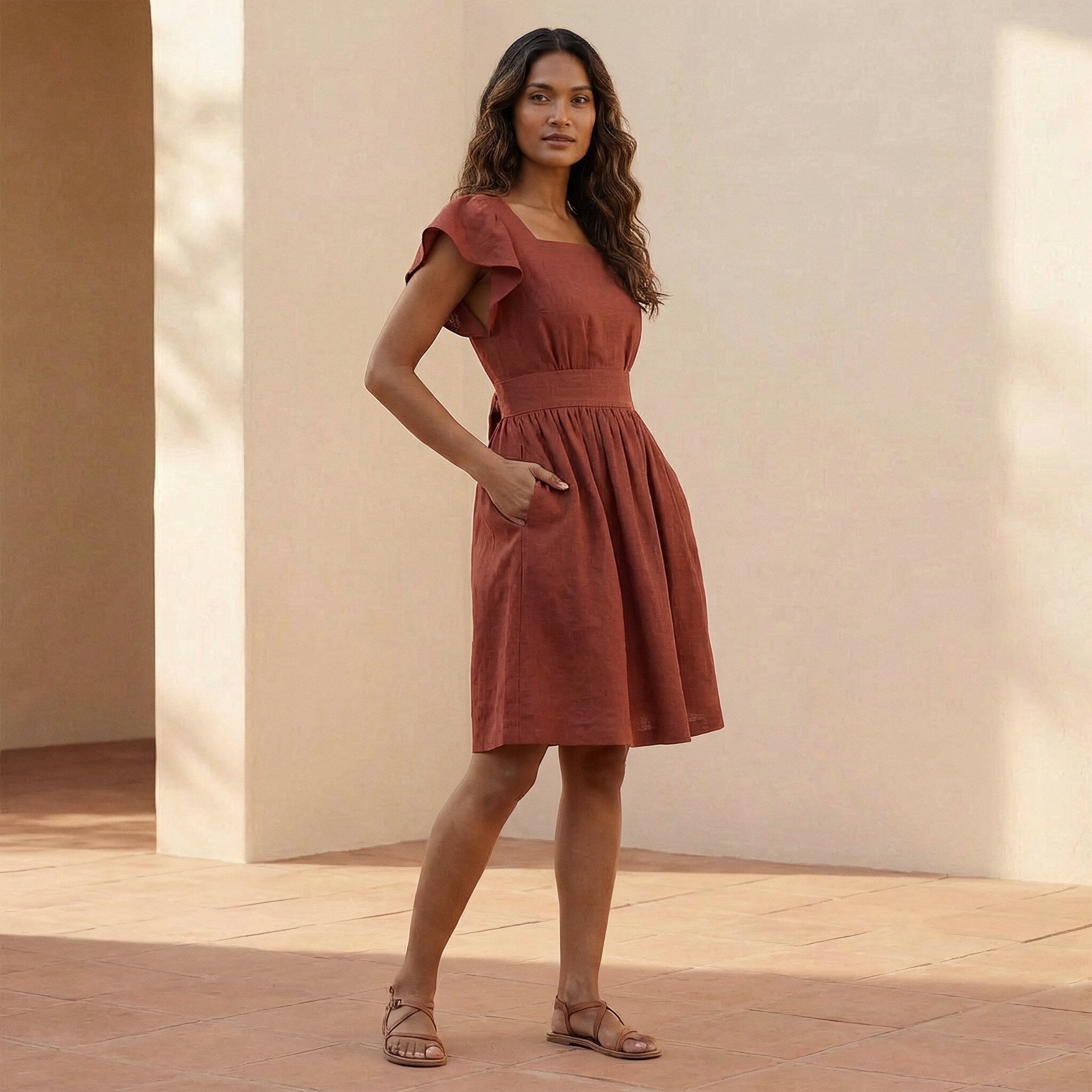 Brick Red Cotton Open-Back Fit and Flare Knee Length Dress