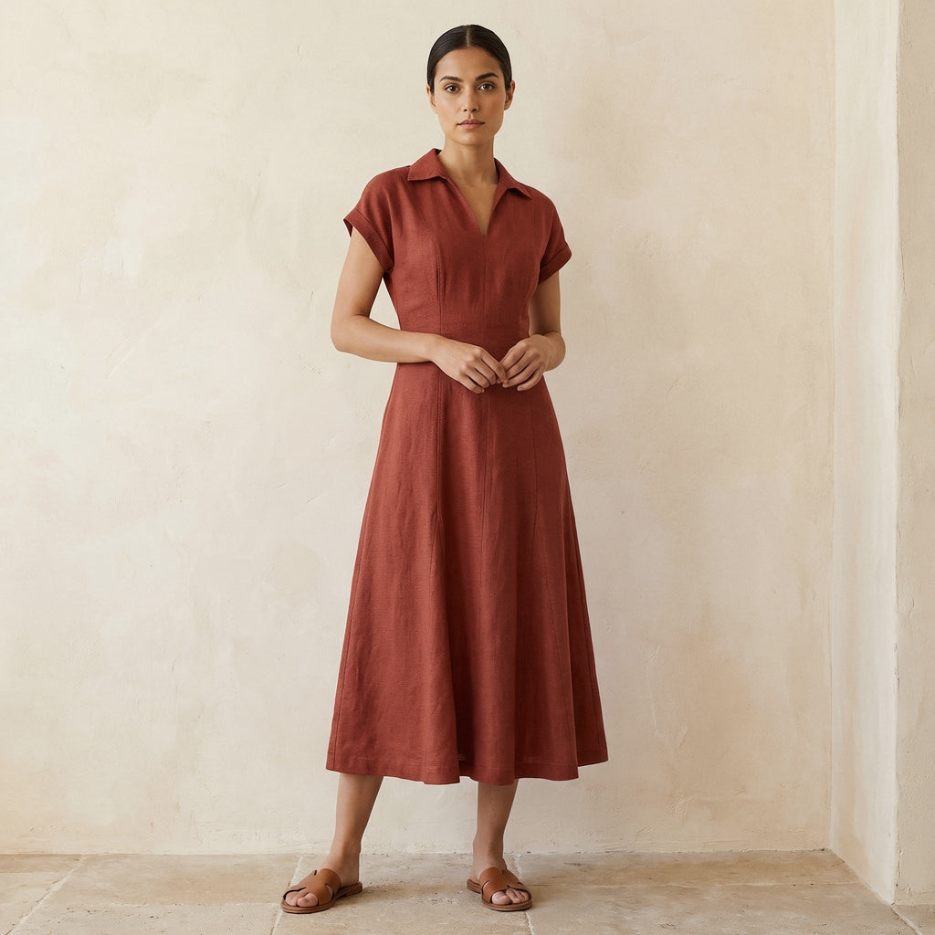 Brick Red Cotton Paneled A-Line Midi Dress