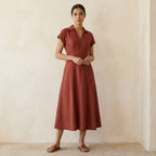 Brick Red Cotton Paneled A-Line Midi Dress
