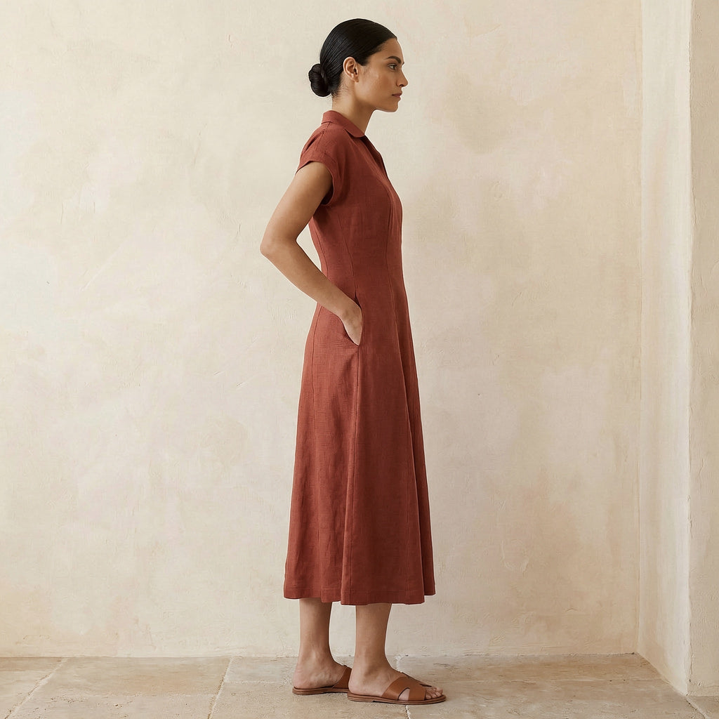 Brick Red Cotton Paneled A-Line Midi Dress