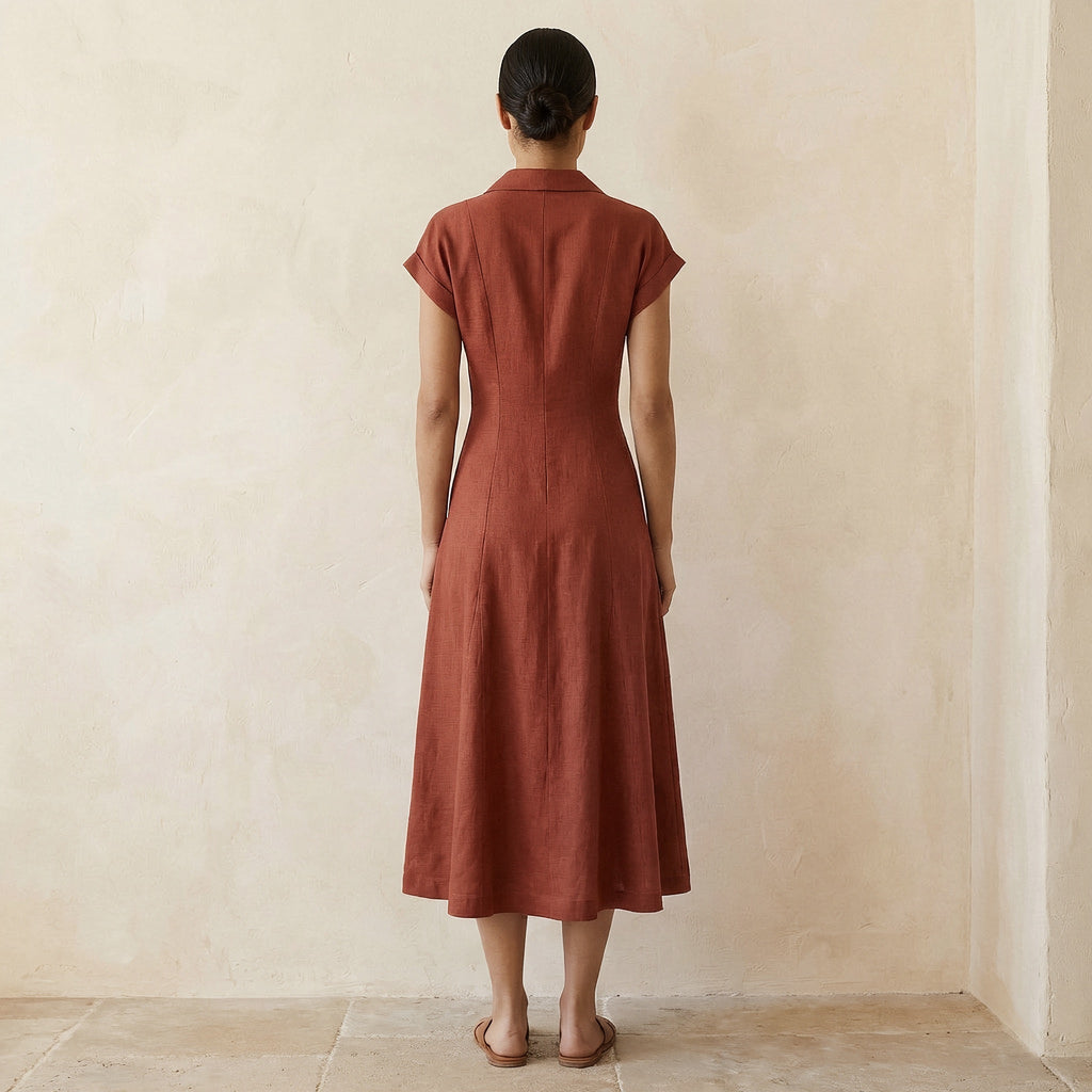 Brick Red Cotton Paneled A-Line Midi Dress