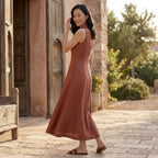 Brick Red Cotton Paneled Sleeveless Maxi Dress