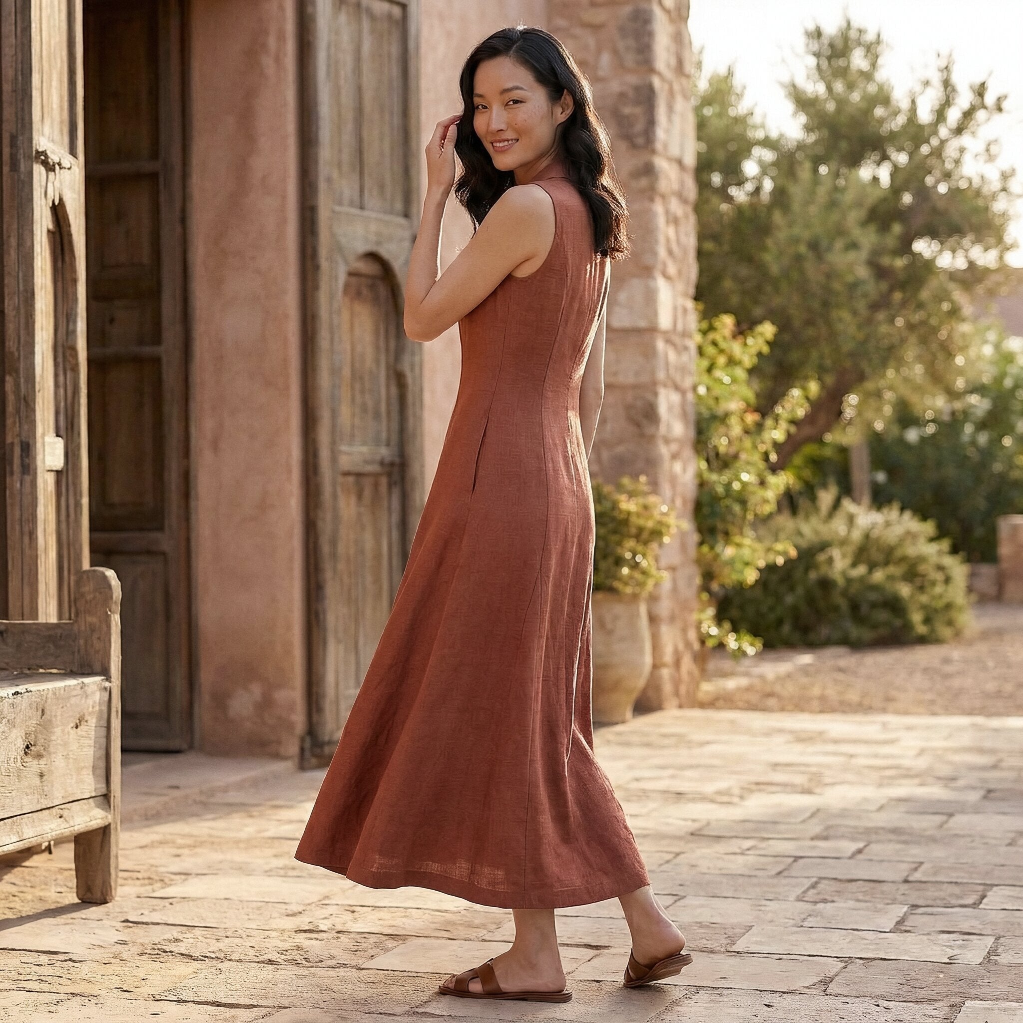 Brick Red Cotton Paneled Sleeveless Maxi Dress
