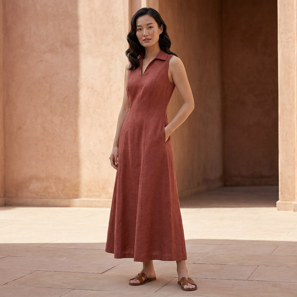 Brick Red Cotton Paneled Sleeveless Maxi Dress