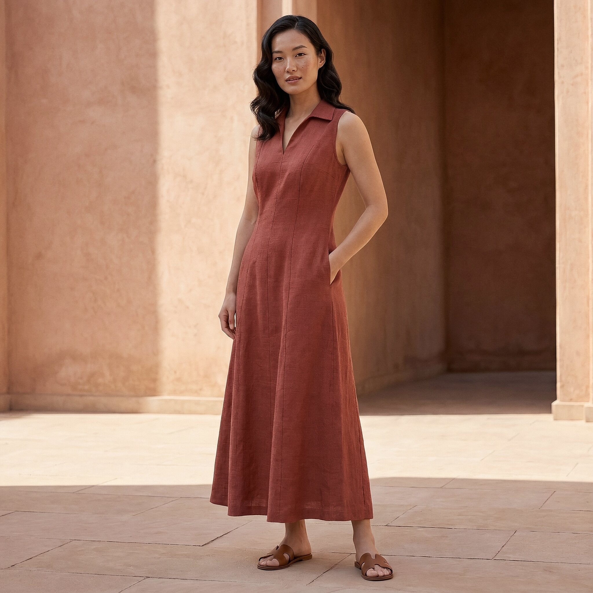 Brick Red Cotton Paneled Sleeveless Maxi Dress