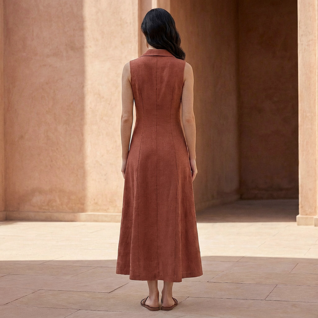 Brick Red Cotton Paneled Sleeveless Maxi Dress