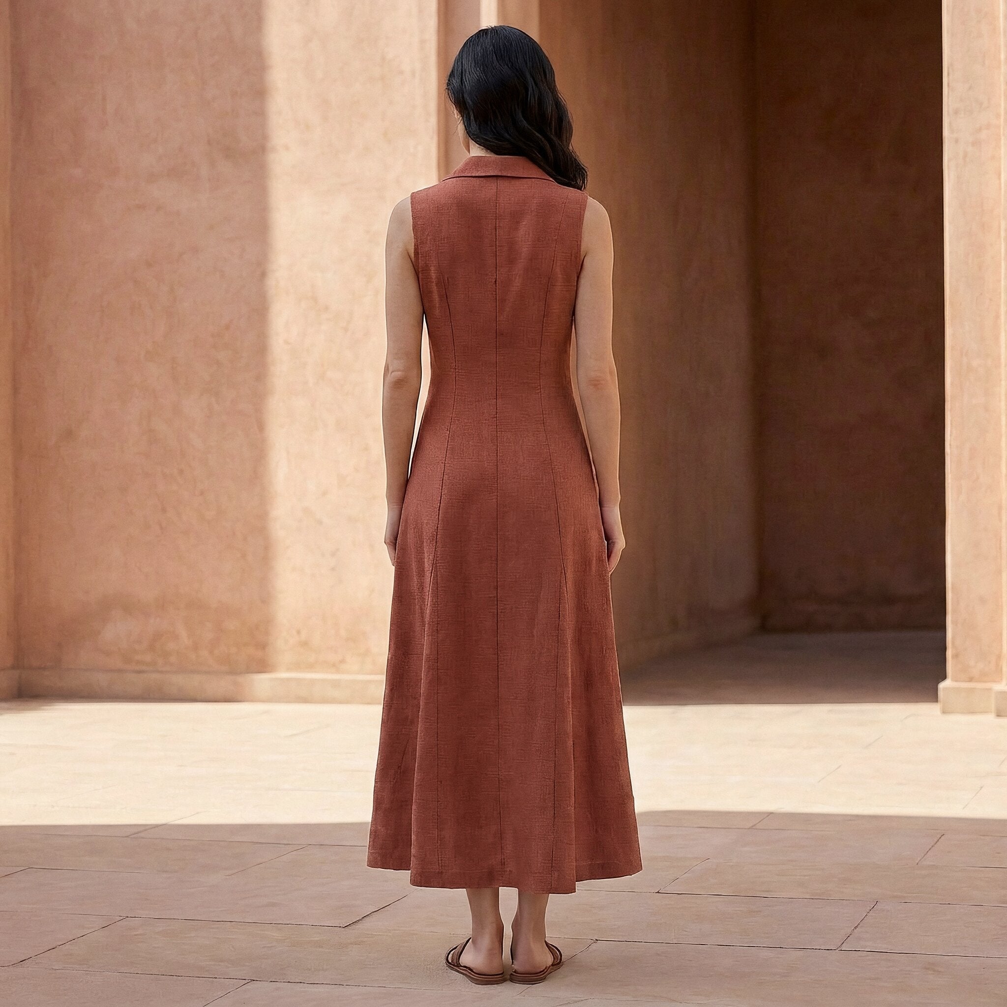 Brick Red Cotton Paneled Sleeveless Maxi Dress