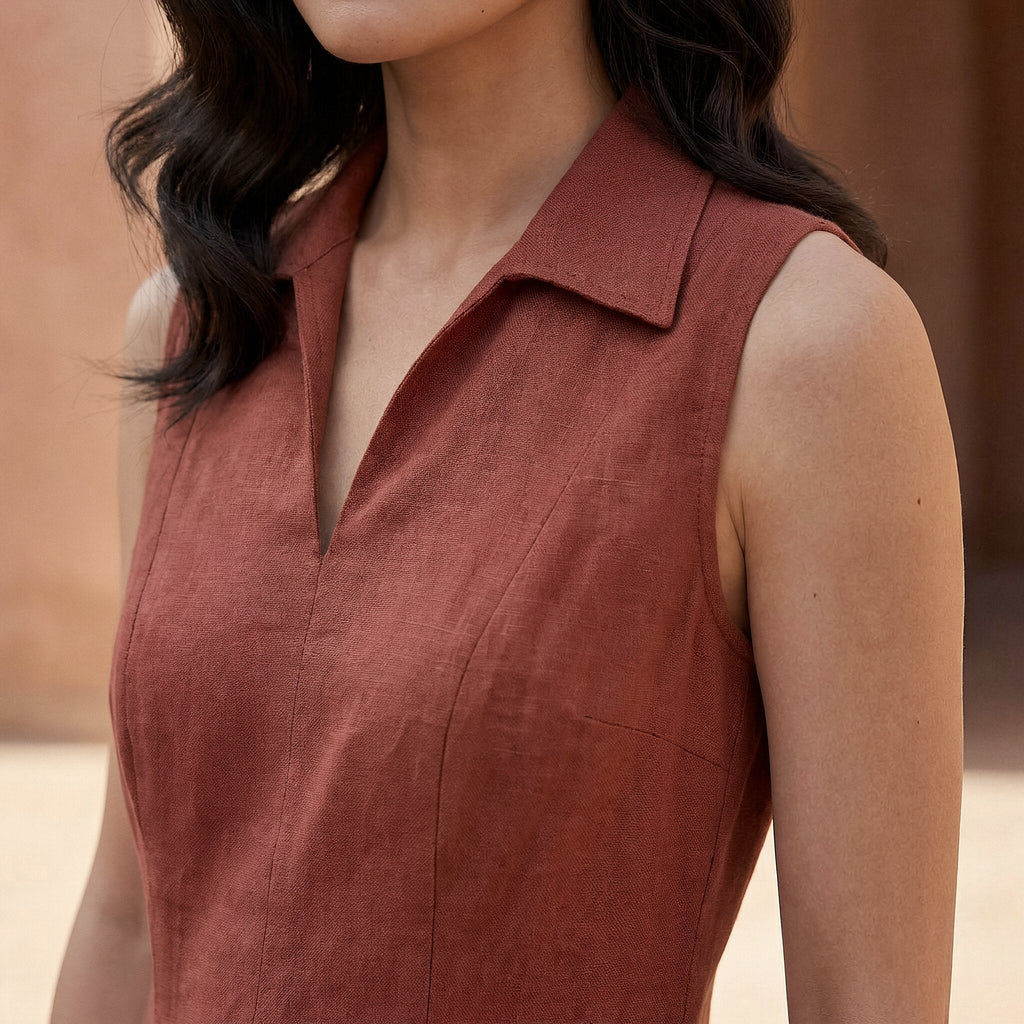 Brick Red Cotton Paneled Sleeveless Maxi Dress