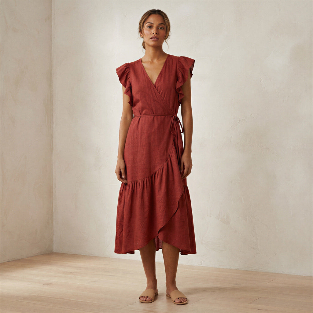 Brick Red Cotton Ruffle Midi Wrap Dress