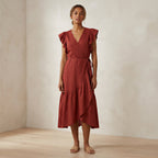 Brick Red Cotton Ruffle Midi Wrap Dress
