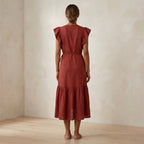 Brick Red Cotton Ruffle Midi Wrap Dress