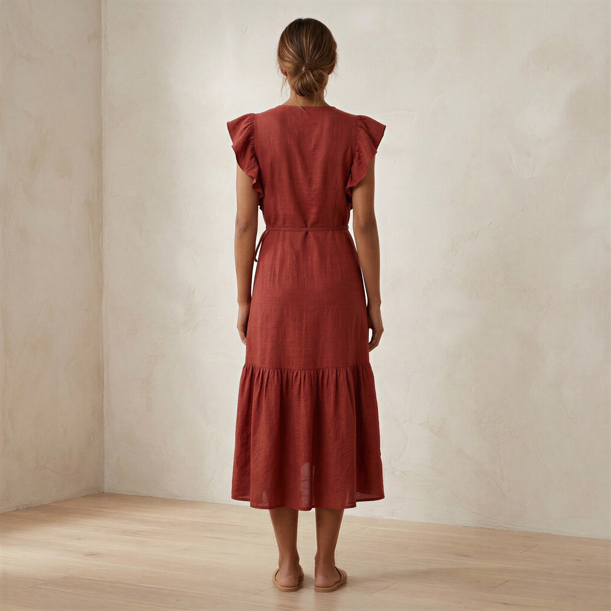Brick Red Cotton Ruffle Midi Wrap Dress