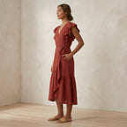 Brick Red Cotton Ruffle Midi Wrap Dress