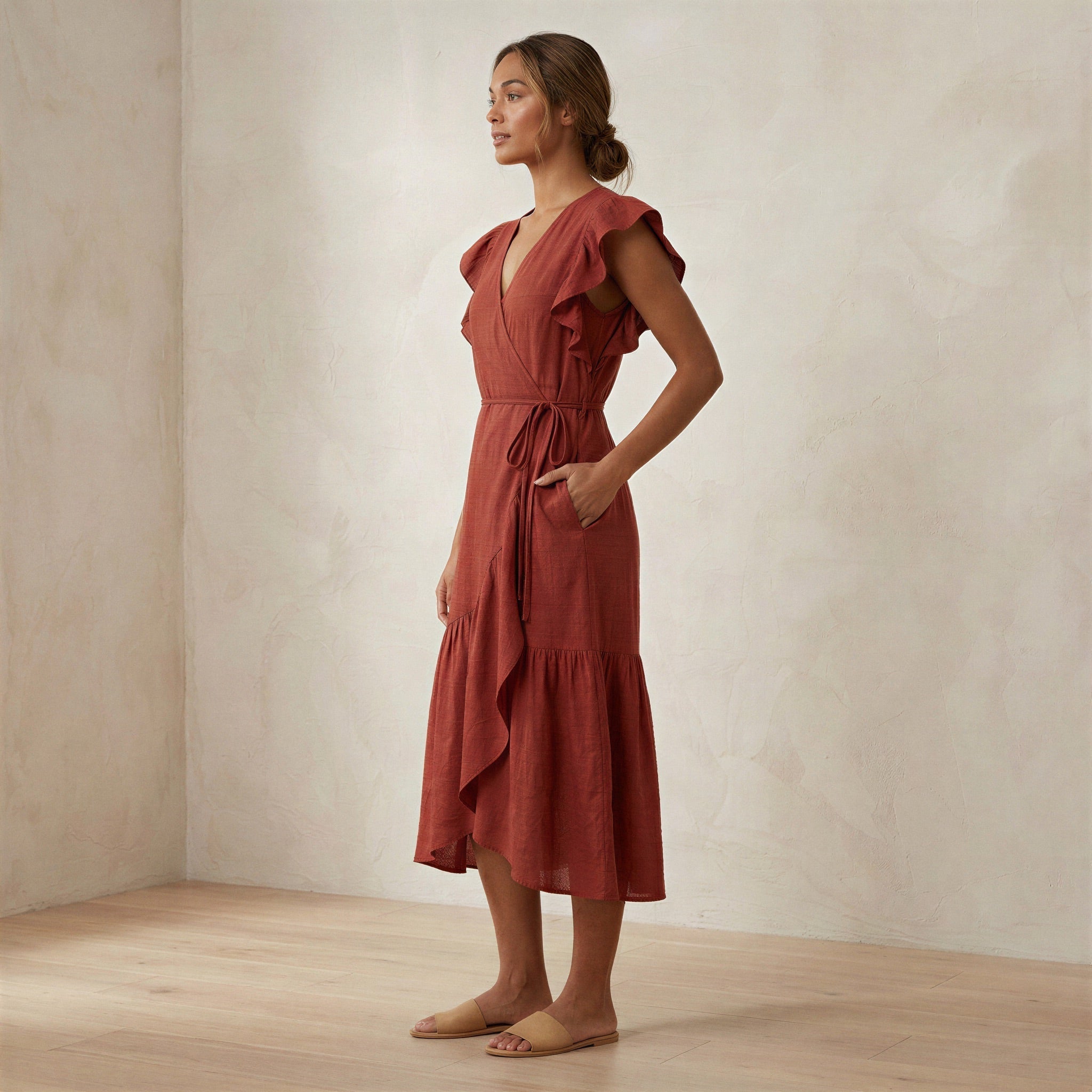 Brick Red Cotton Ruffle Midi Wrap Dress