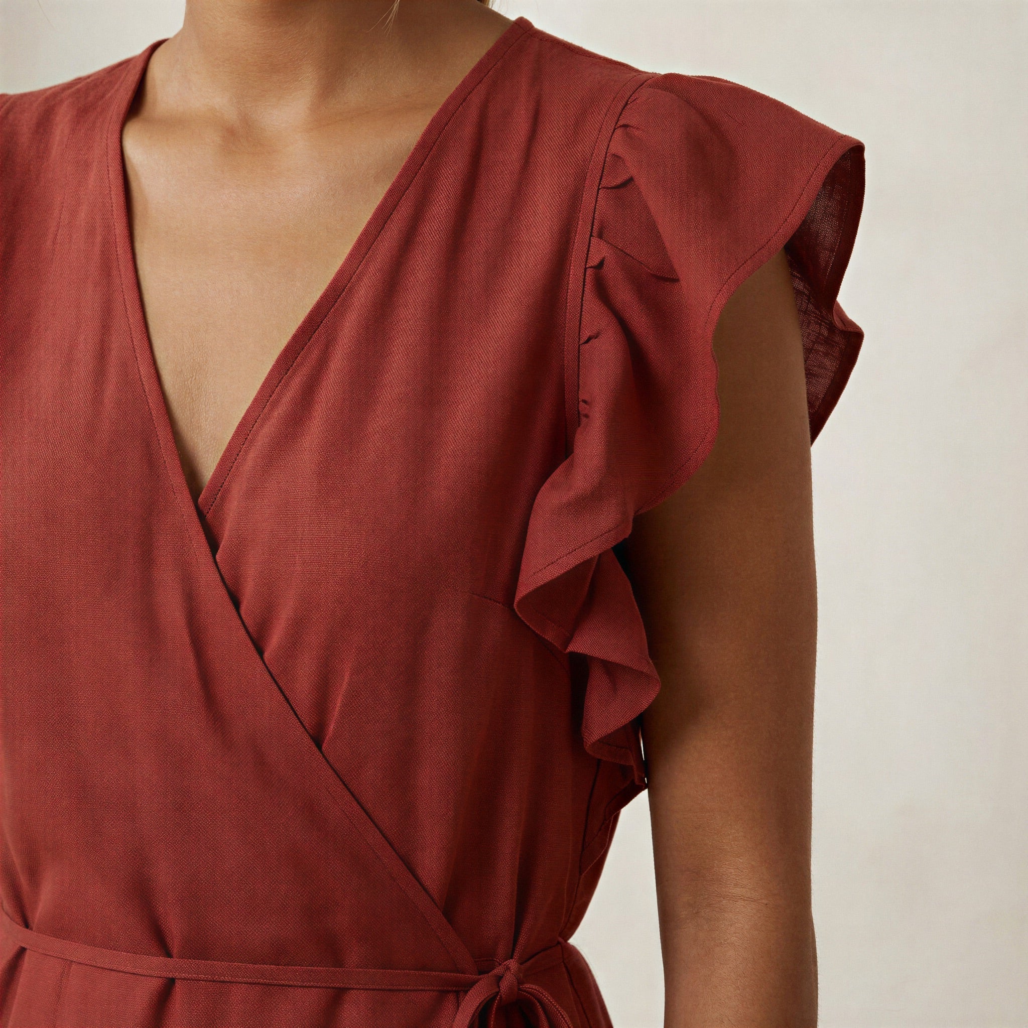 Brick Red Cotton Ruffle Midi Wrap Dress