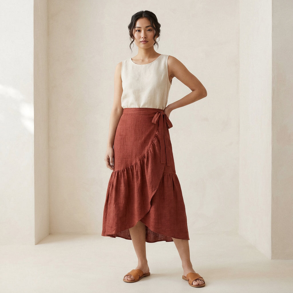 Brick Red Cotton Ruffle Midi Wrap Skirt