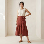 Brick Red Cotton Ruffle Midi Wrap Skirt