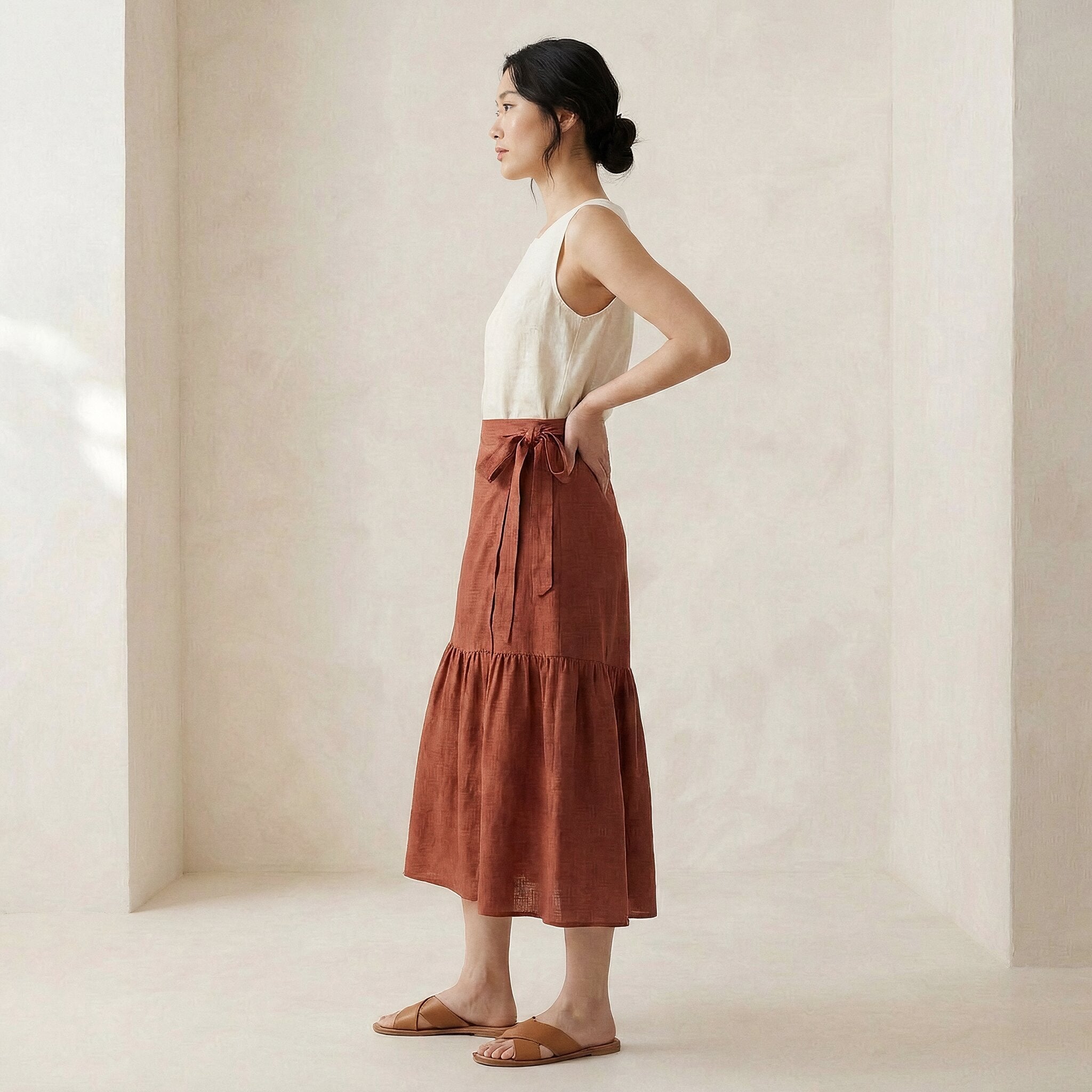 Brick Red Cotton Ruffle Midi Wrap Skirt