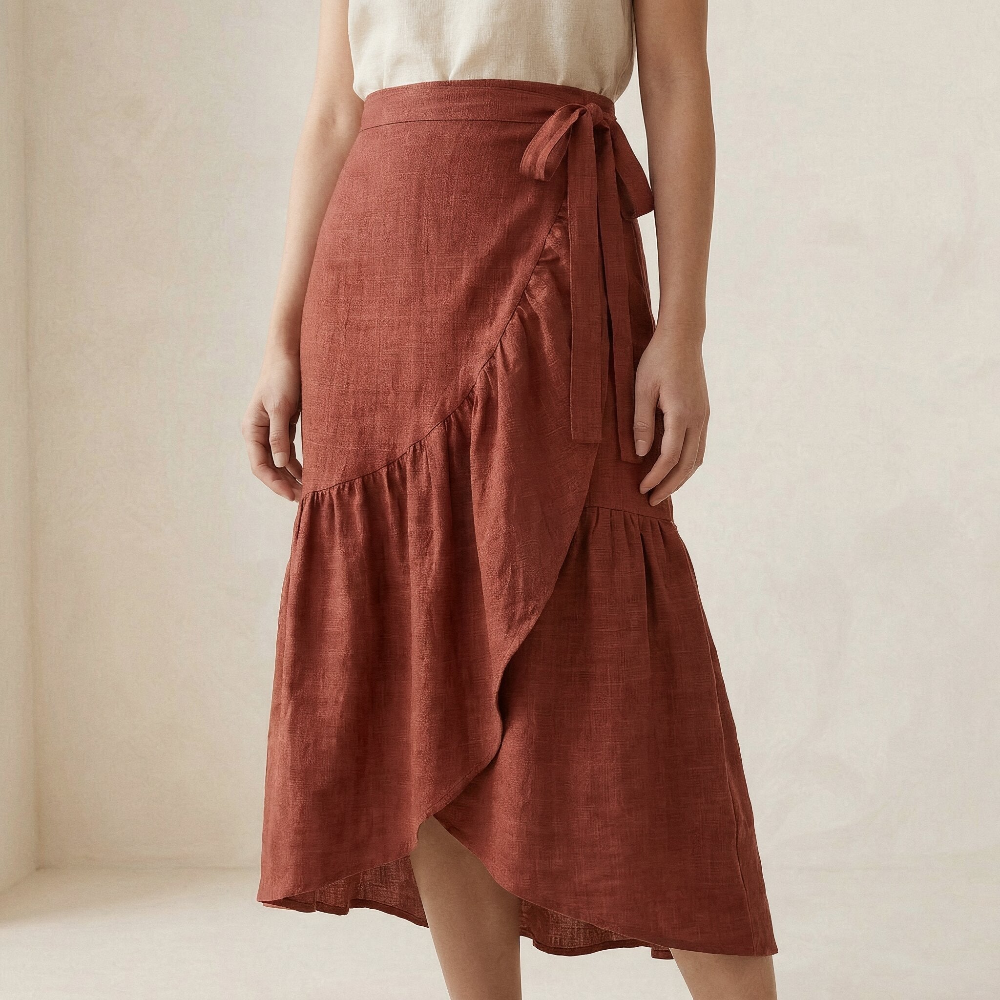 Brick Red Cotton Ruffle Midi Wrap Skirt
