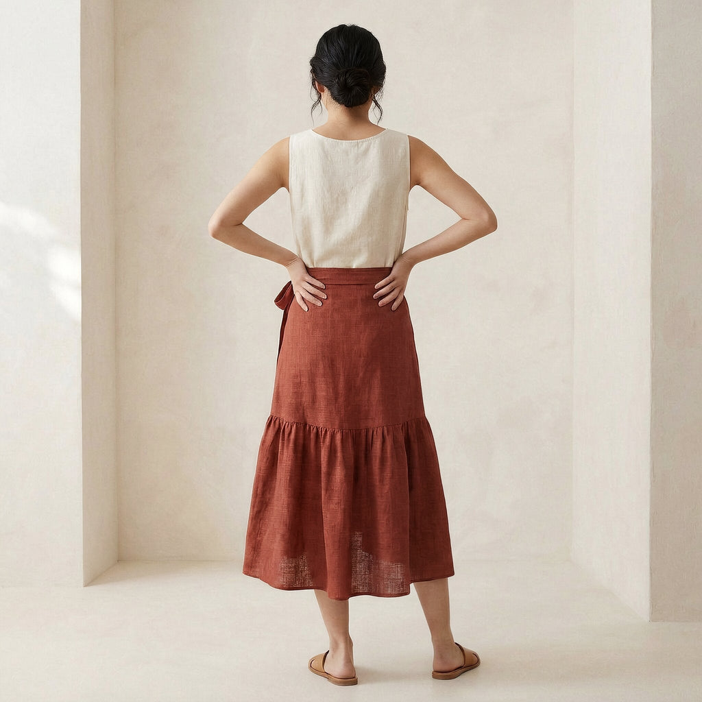 Brick Red Cotton Ruffle Midi Wrap Skirt
