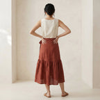 Brick Red Cotton Ruffle Midi Wrap Skirt
