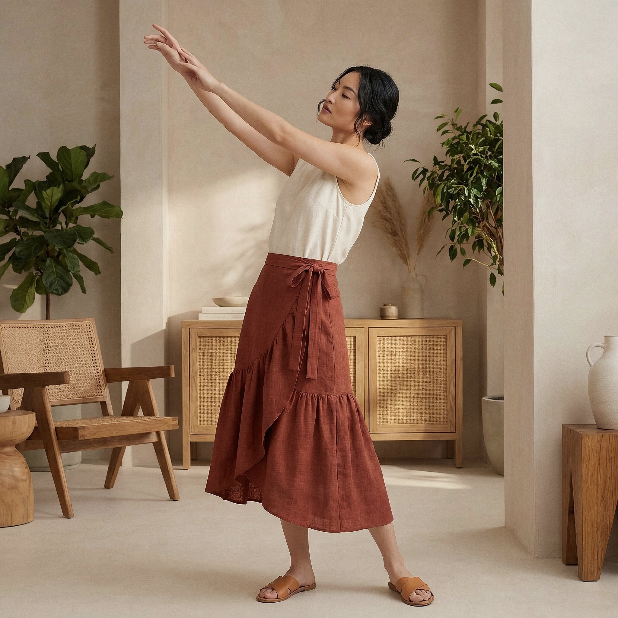 Brick Red Cotton Ruffle Midi Wrap Skirt