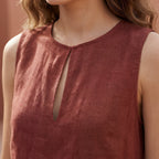 Brick Red Cotton Sleeveless A-Line Short Shift Dress