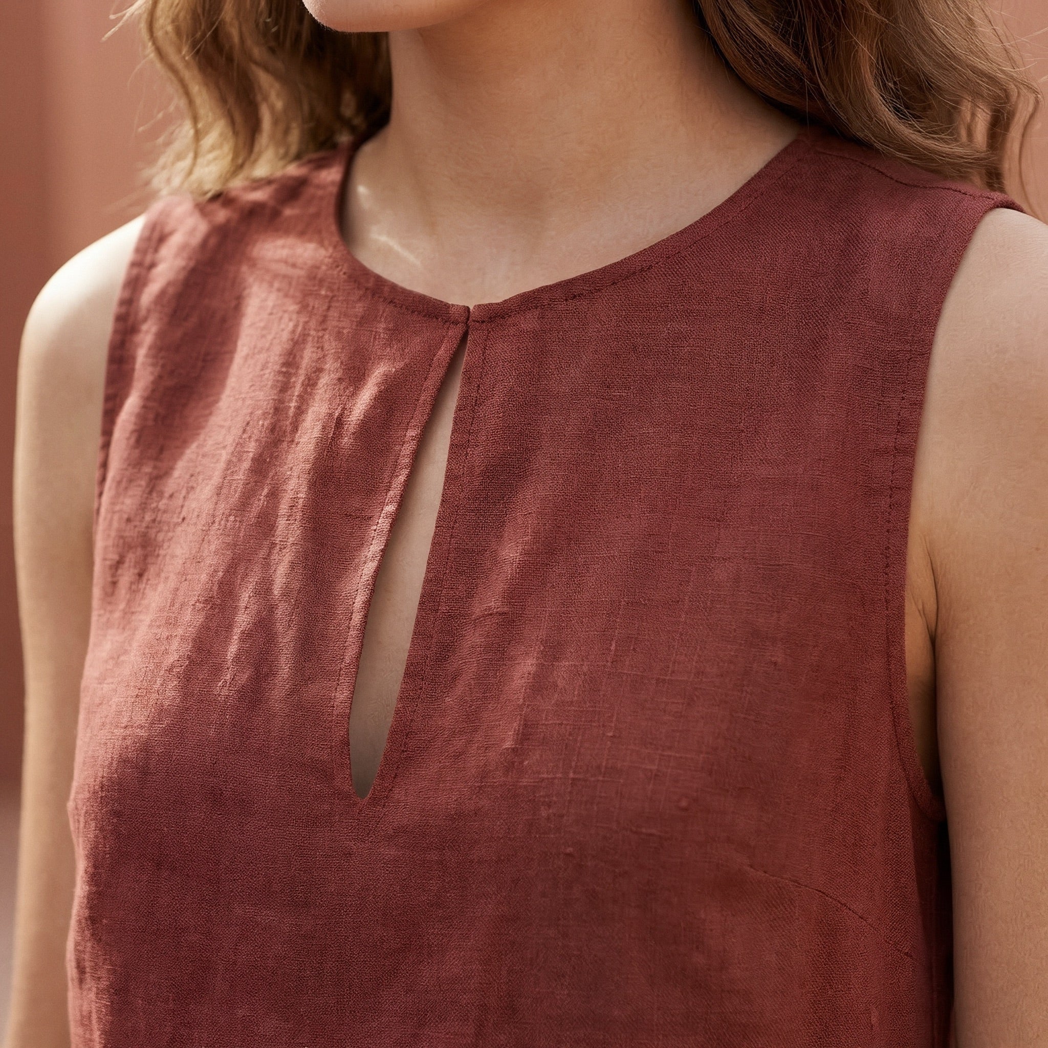 Brick Red Cotton Sleeveless A-Line Short Shift Dress
