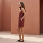 Brick Red Cotton Sleeveless A-Line Short Shift Dress