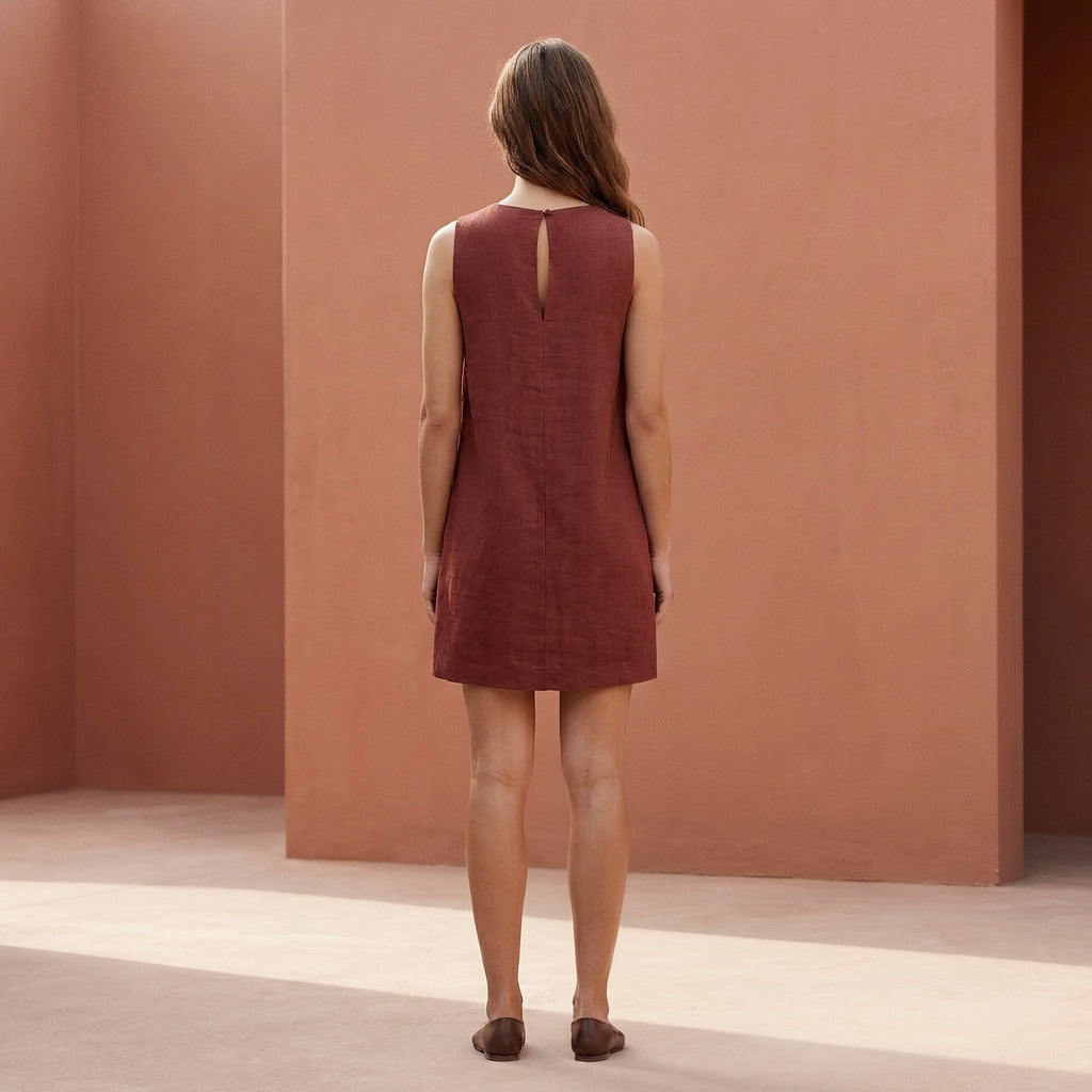 Brick Red Cotton Sleeveless A-Line Short Shift Dress