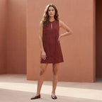 Brick Red Cotton Sleeveless A-Line Short Shift Dress