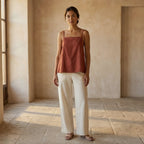 Brick Red Cotton Spaghetti Strap Top with Elastic Gathered Back