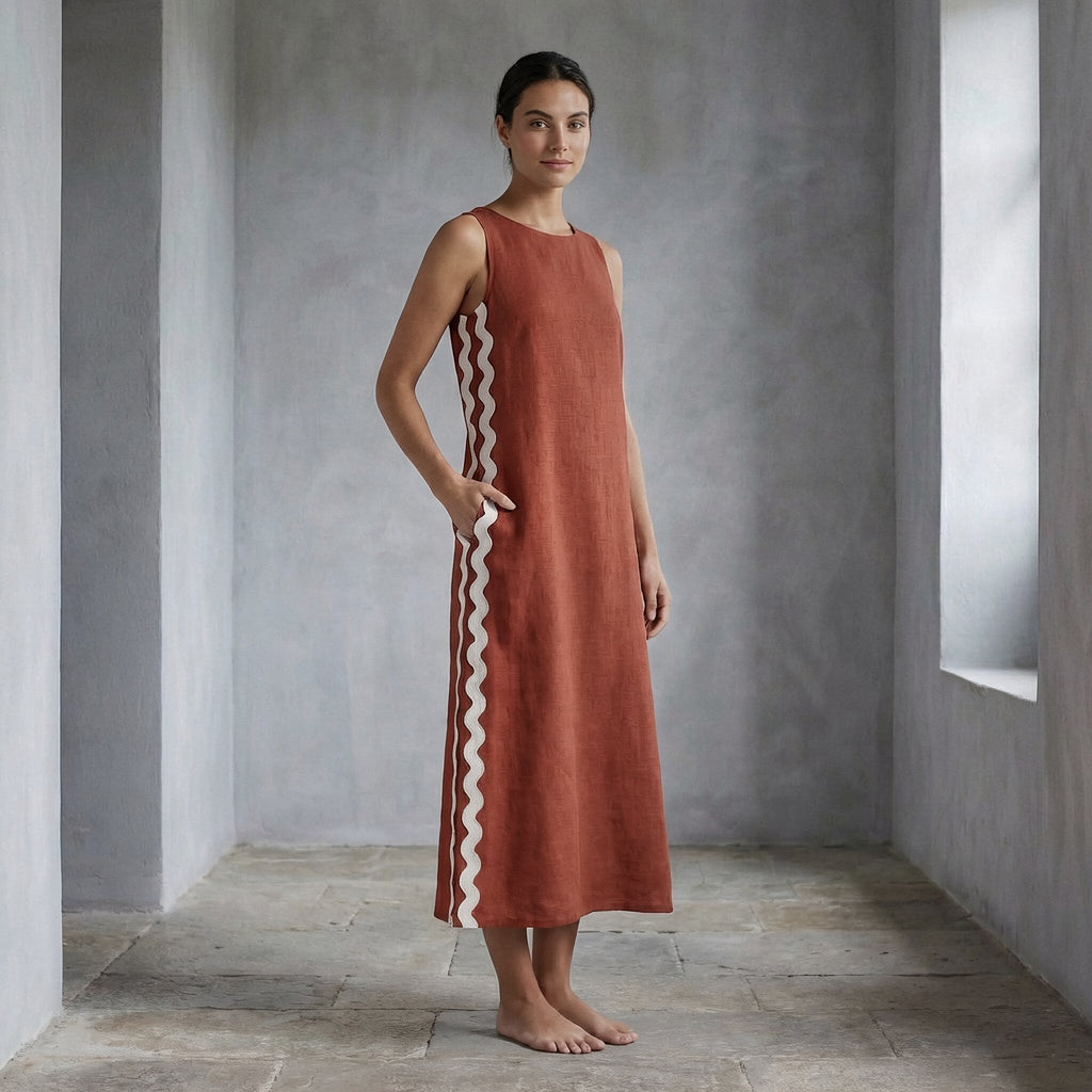 Brick Red Cotton Wavy Stripe Maxi Shift Dress