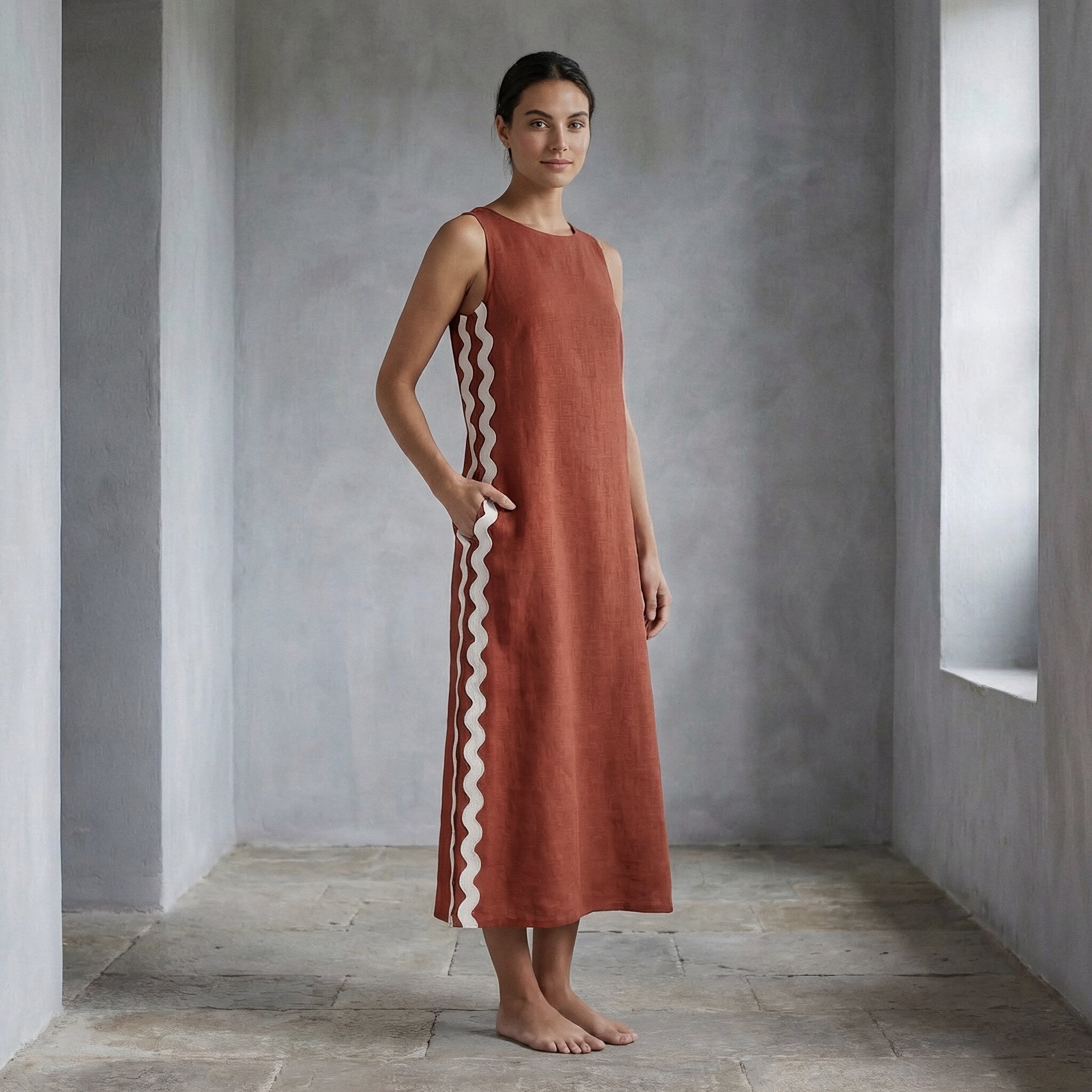 Brick Red Cotton Wavy Stripe Maxi Shift Dress