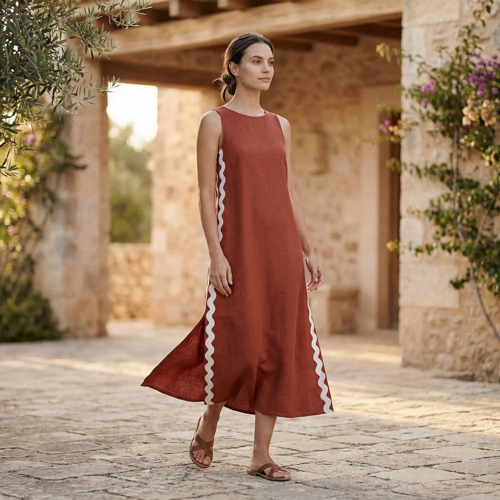 Brick Red Cotton Wavy Stripe Maxi Shift Dress