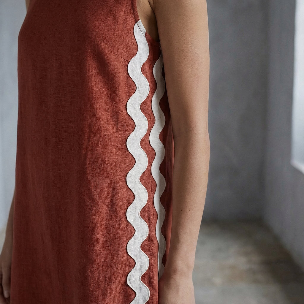 Brick Red Cotton Wavy Stripe Maxi Shift Dress