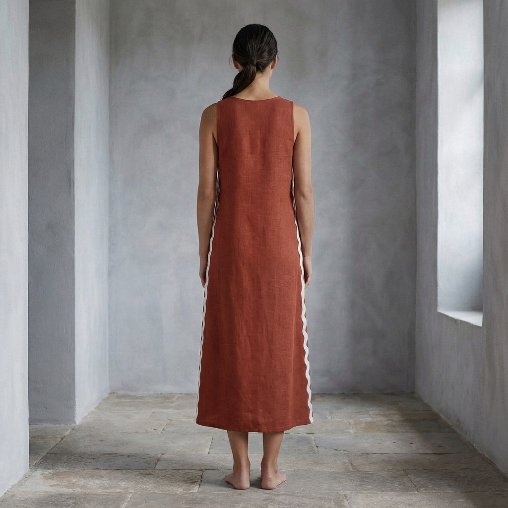 Brick Red Cotton Wavy Stripe Maxi Shift Dress