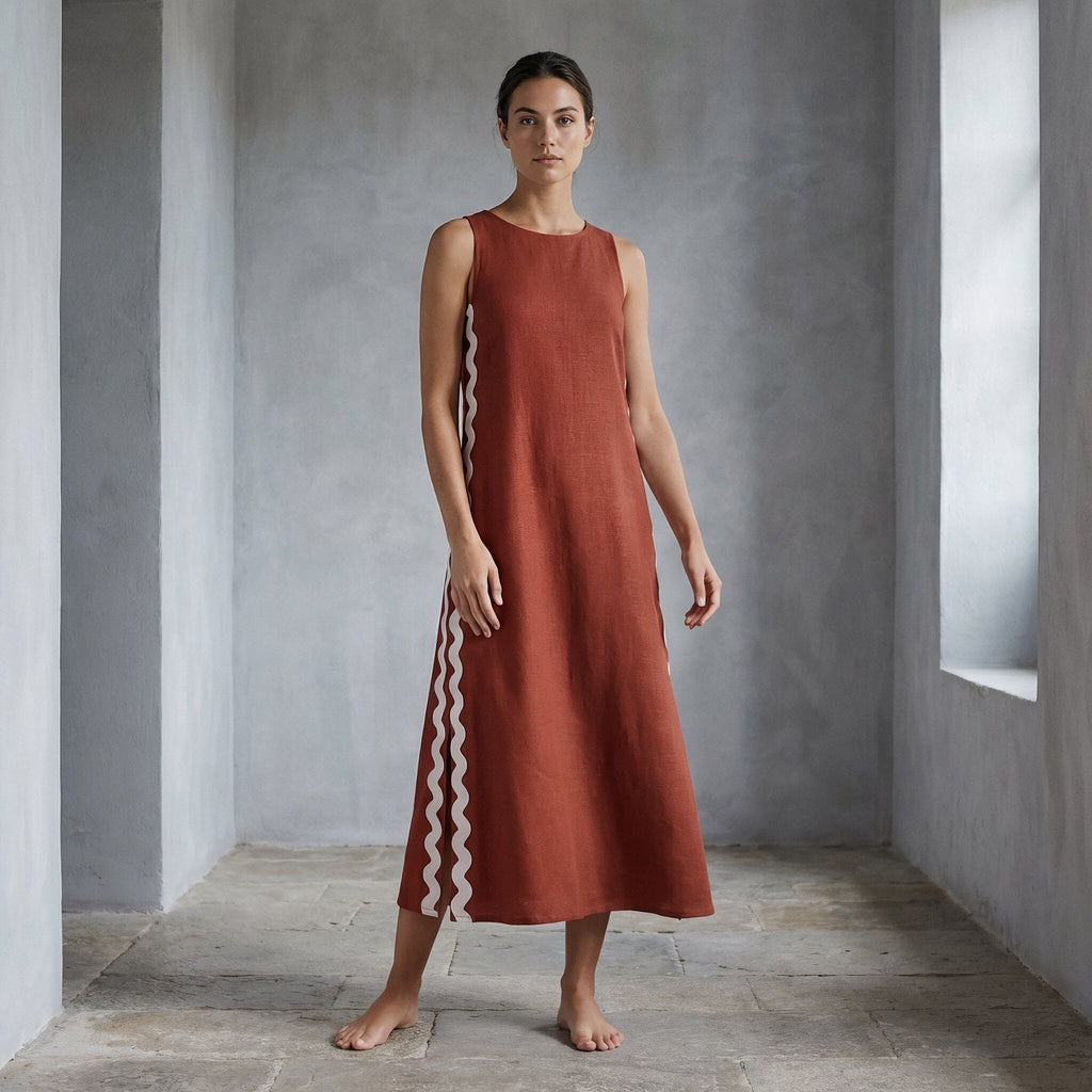 Brick Red Cotton Wavy Stripe Maxi Shift Dress