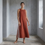 Brick Red Cotton Wavy Stripe Maxi Shift Dress