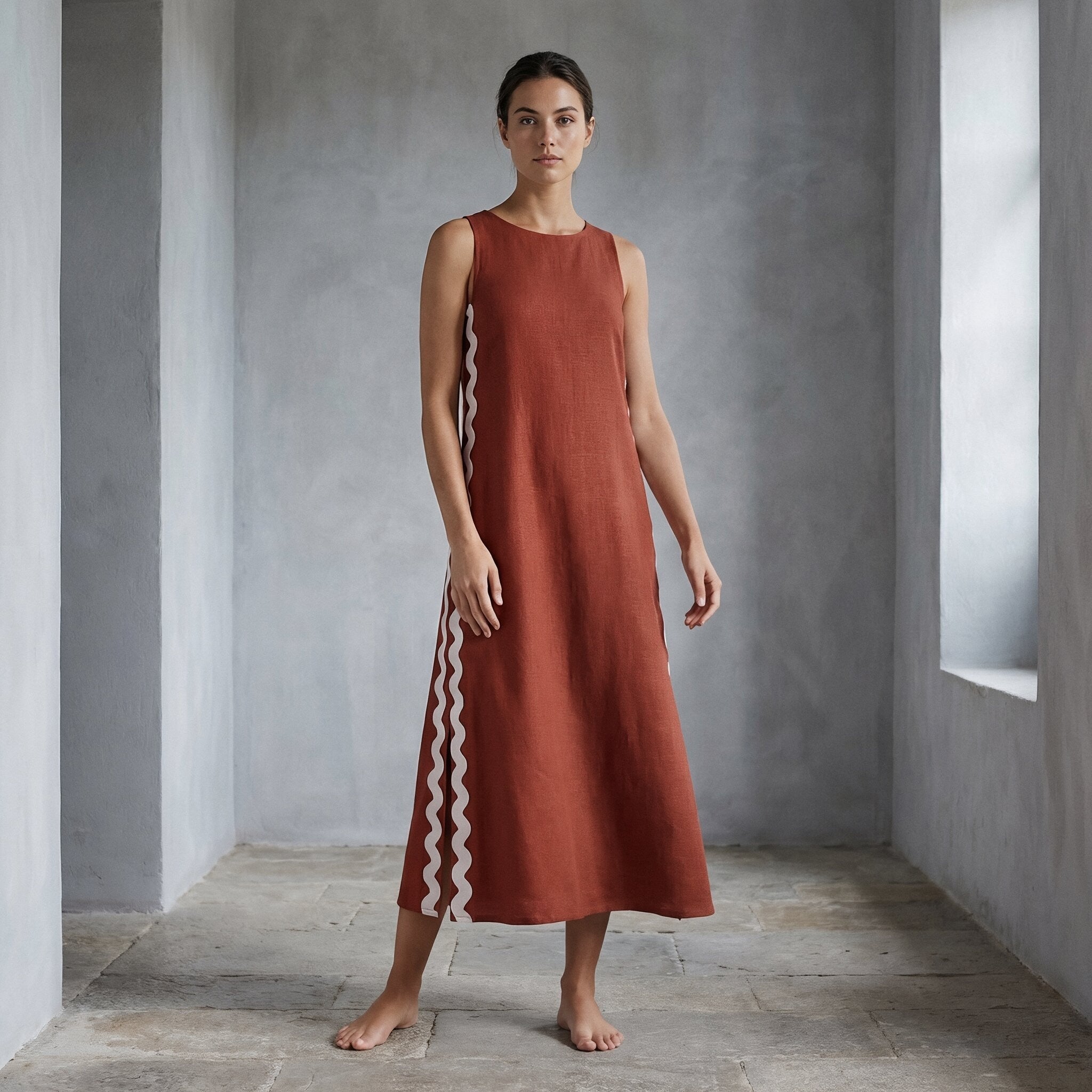 Brick Red Cotton Wavy Stripe Maxi Shift Dress