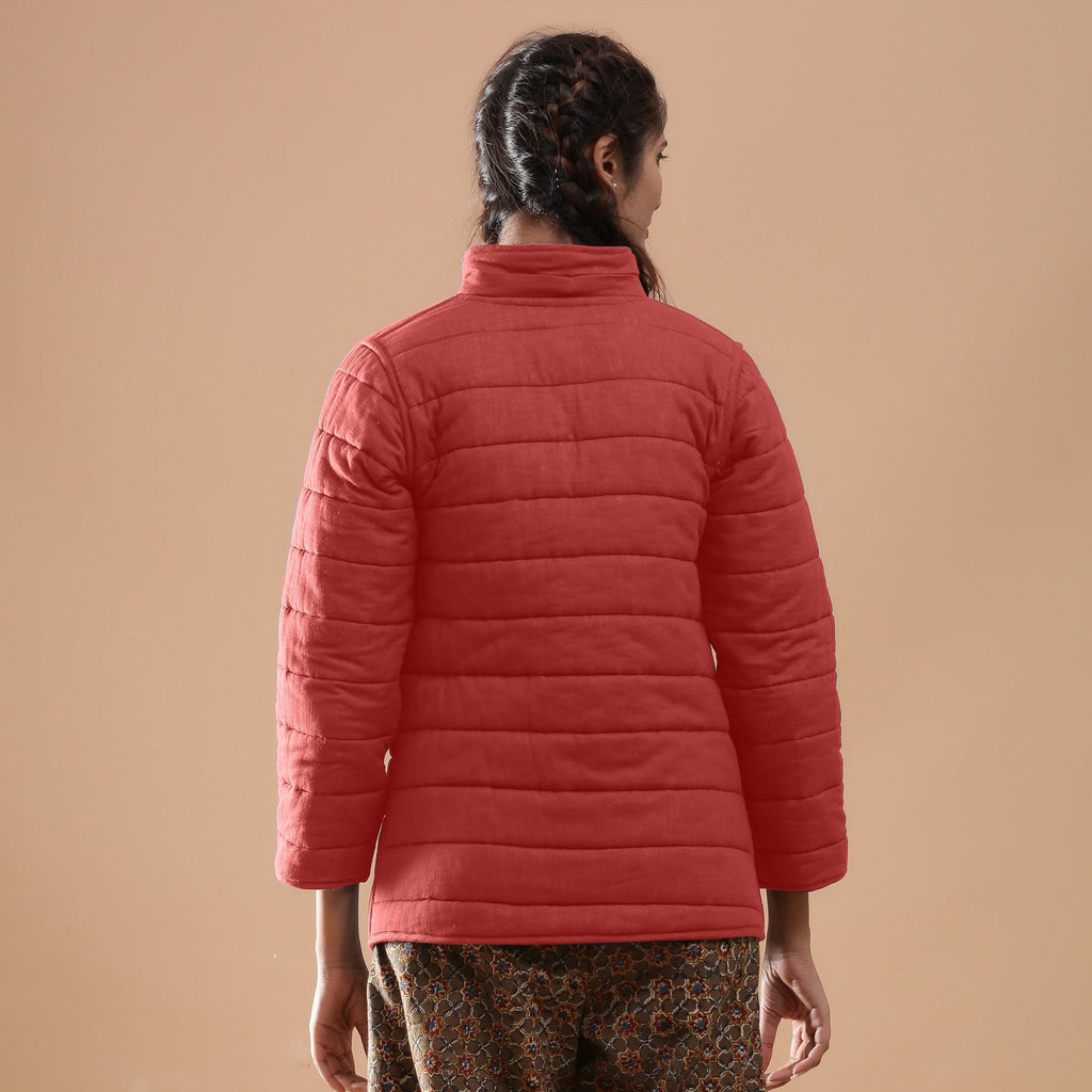 Back View of a Model wearing Brick Red Reversible Detachable Hoodie Quilted Cotton Jacket