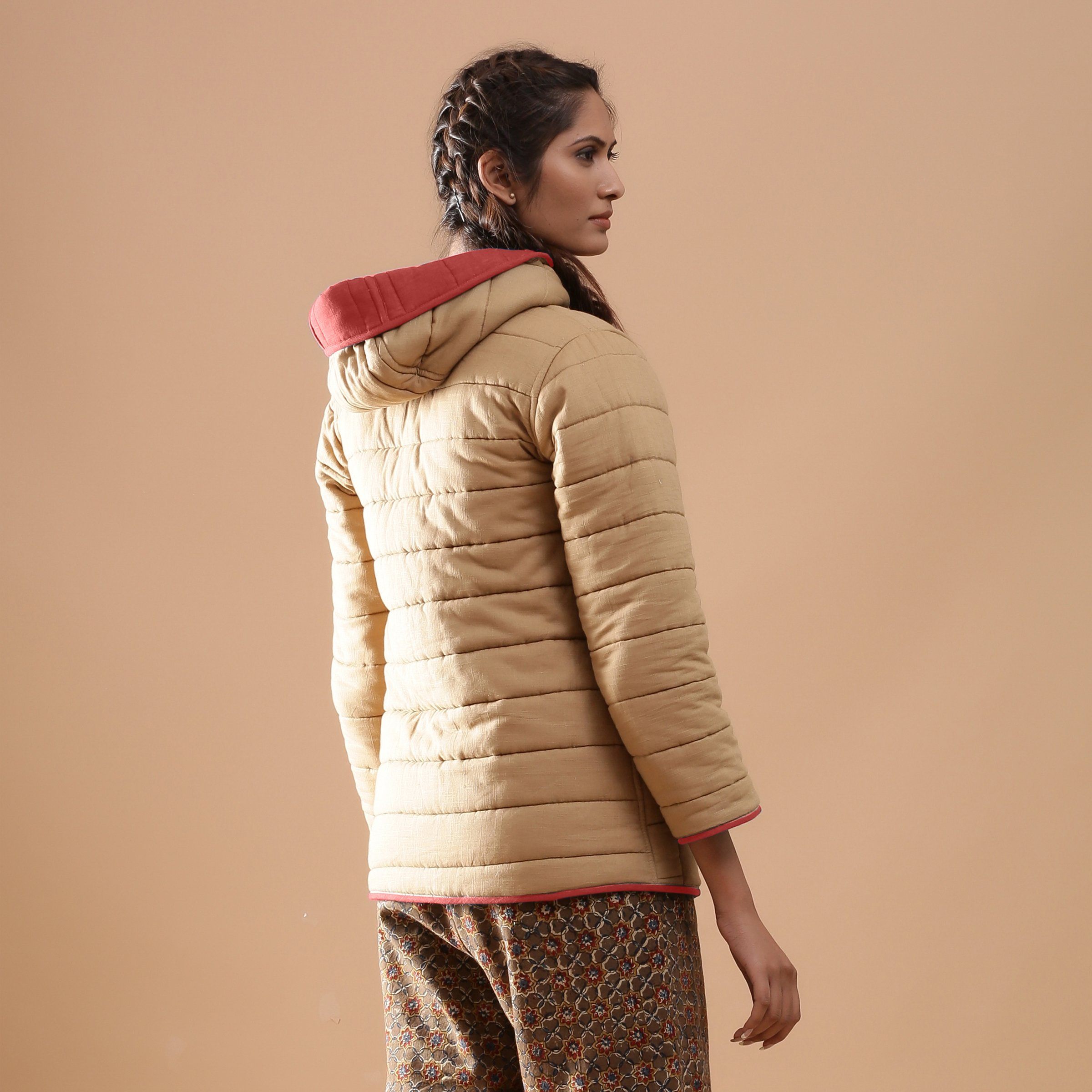 Back View of a Model wearing Brick Red Reversible Detachable Hoodie Quilted Cotton Jacket