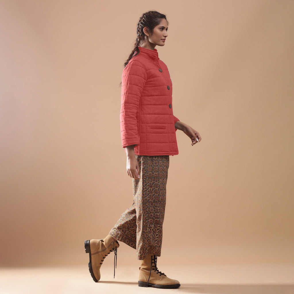 Right View of a Model wearing Brick Red Reversible Detachable Hoodie Quilted Cotton Jacket
