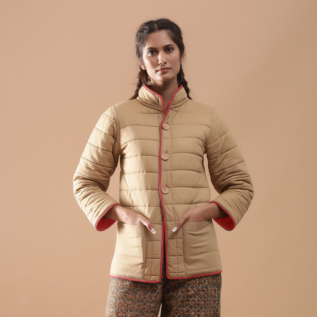 Front View of a Model wearing Brick Red Reversible Detachable Hoodie Quilted Cotton Jacket