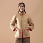 Front View of a Model wearing Brick Red Reversible Detachable Hoodie Quilted Cotton Jacket