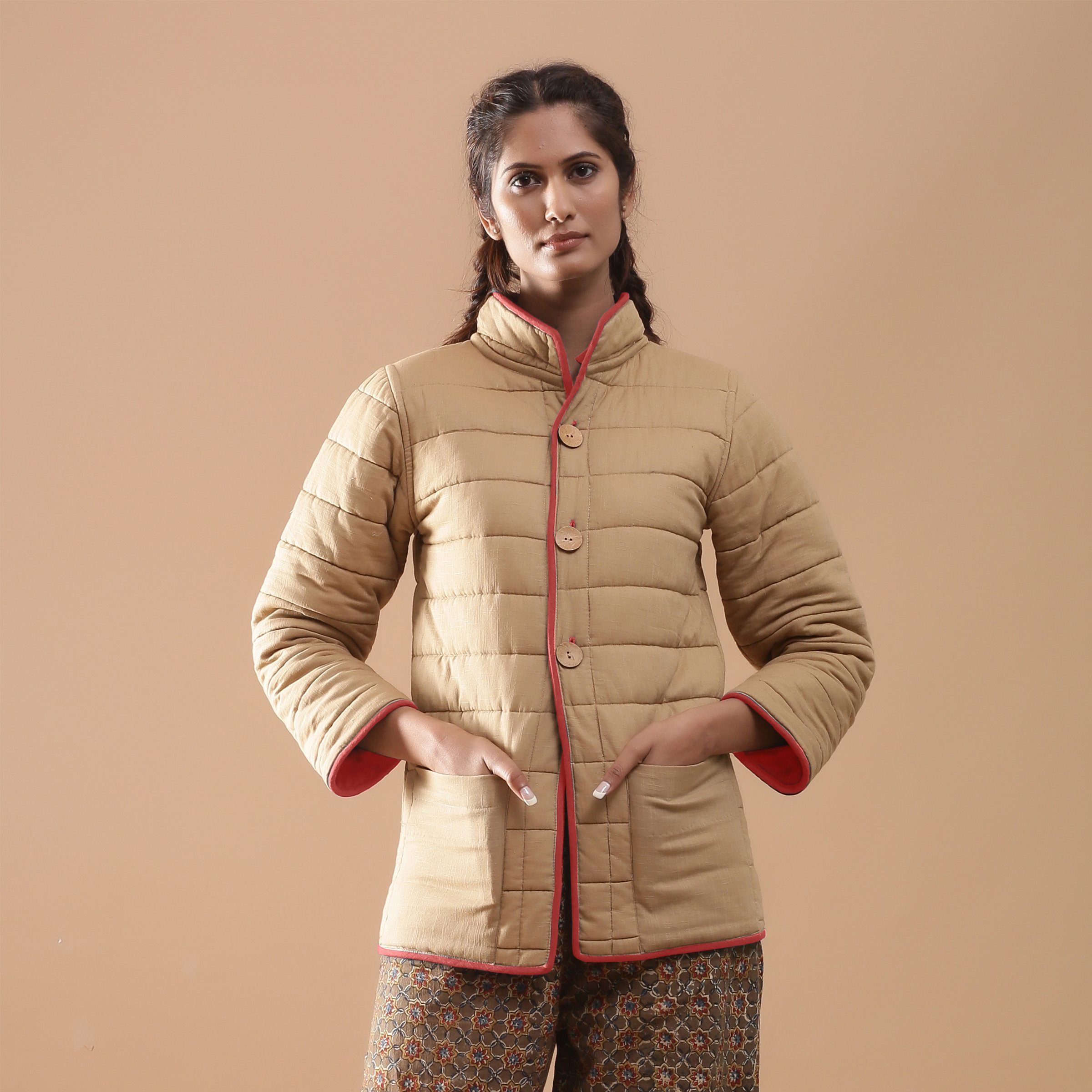 Front View of a Model wearing Brick Red Reversible Detachable Hoodie Quilted Cotton Jacket